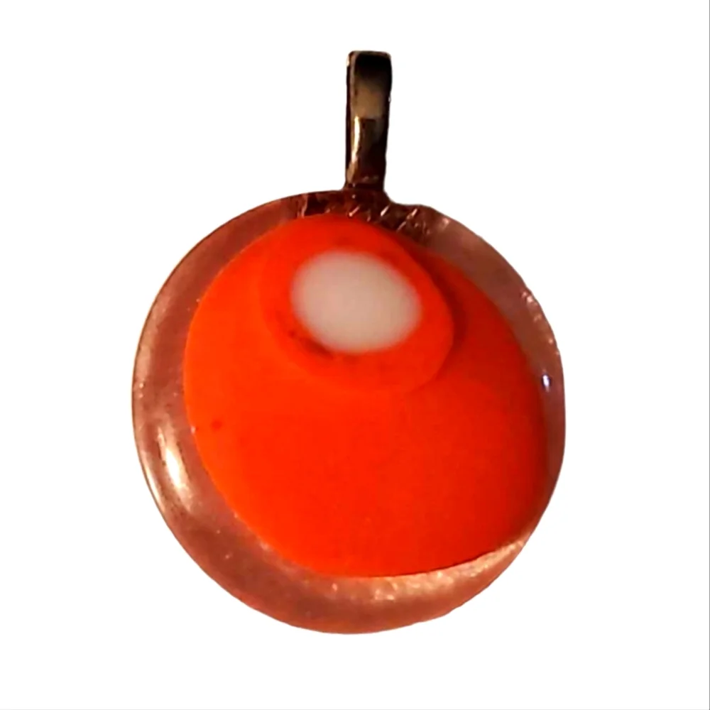 GLASS Necklace PENDANT Bright Orange White Clear Circle